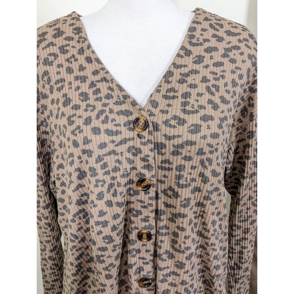 Aero Knit Cardigan Sweater Womens L Brown Leopard Print Ribbed Knit Button Up - Picture 2 of 8